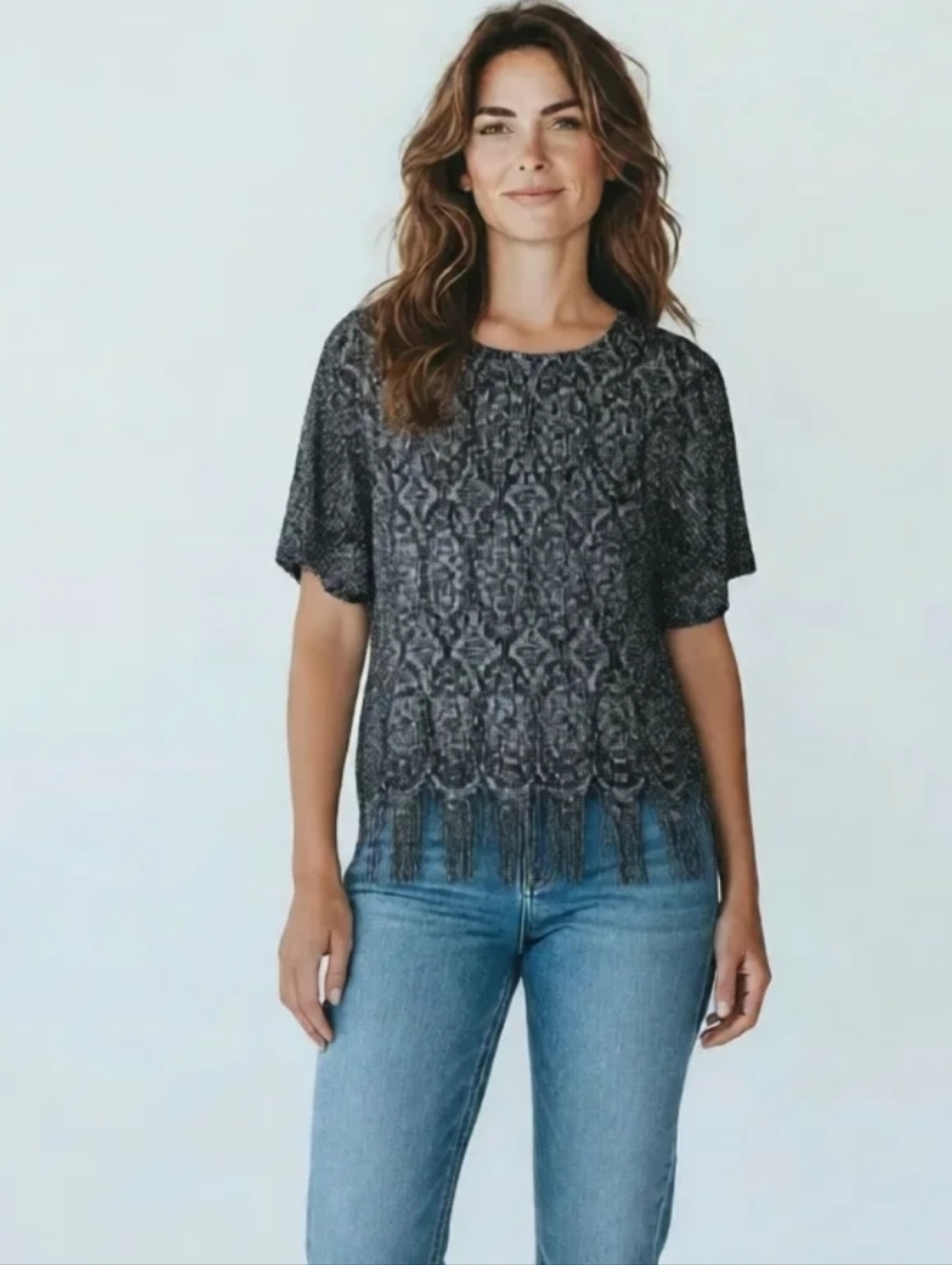Vintage Addition Elle Sparkly Fringe Trim Knitted Top